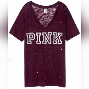 PINK Victoria's Secret Burgundy V-Neck Rhinestone Stretch Shirt Top XS
